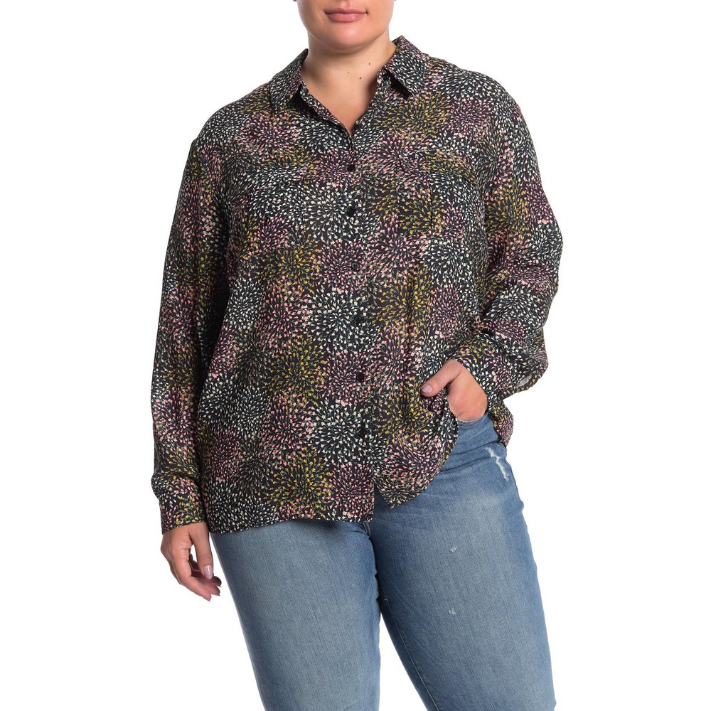 Pleione Floral Double Pocket Long Sleeve Blouse 3X NEW